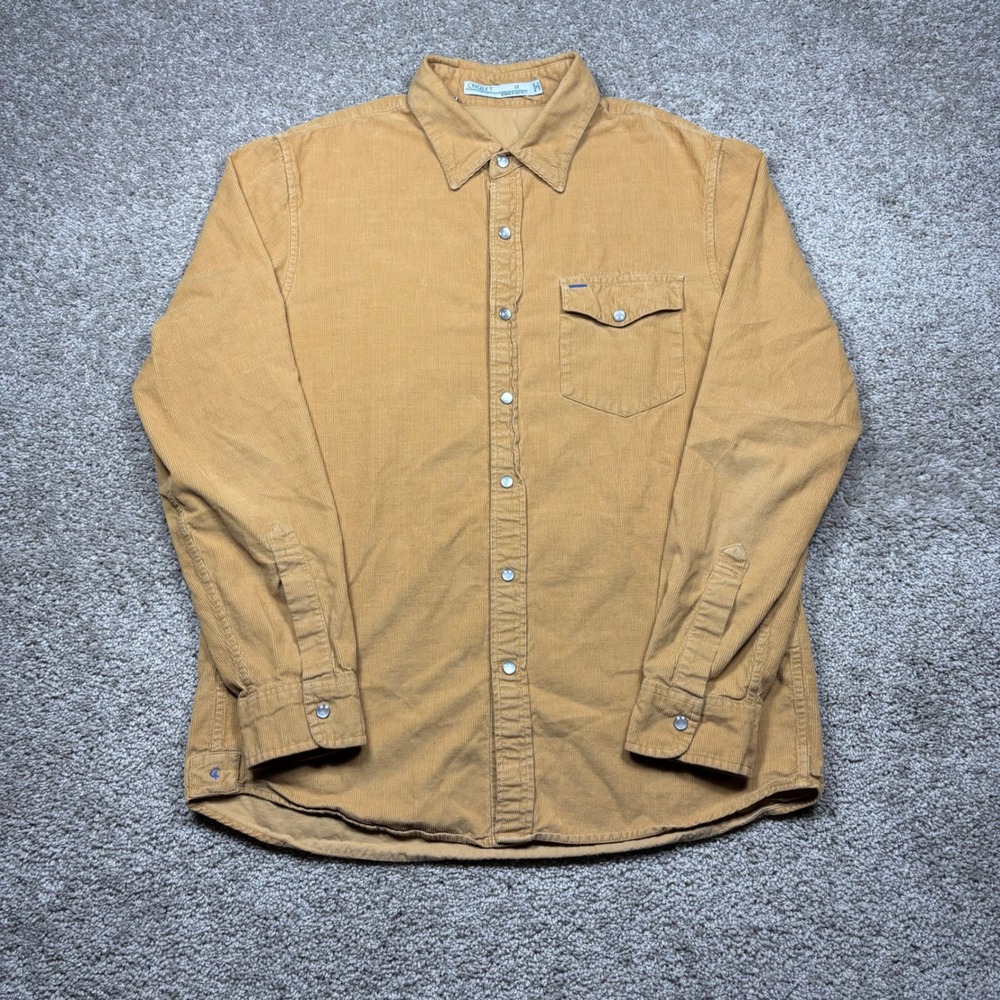 Criquet Mens Medium Corduroy Pearl Snap Western‎ Shirt Brown Yellow Cotton